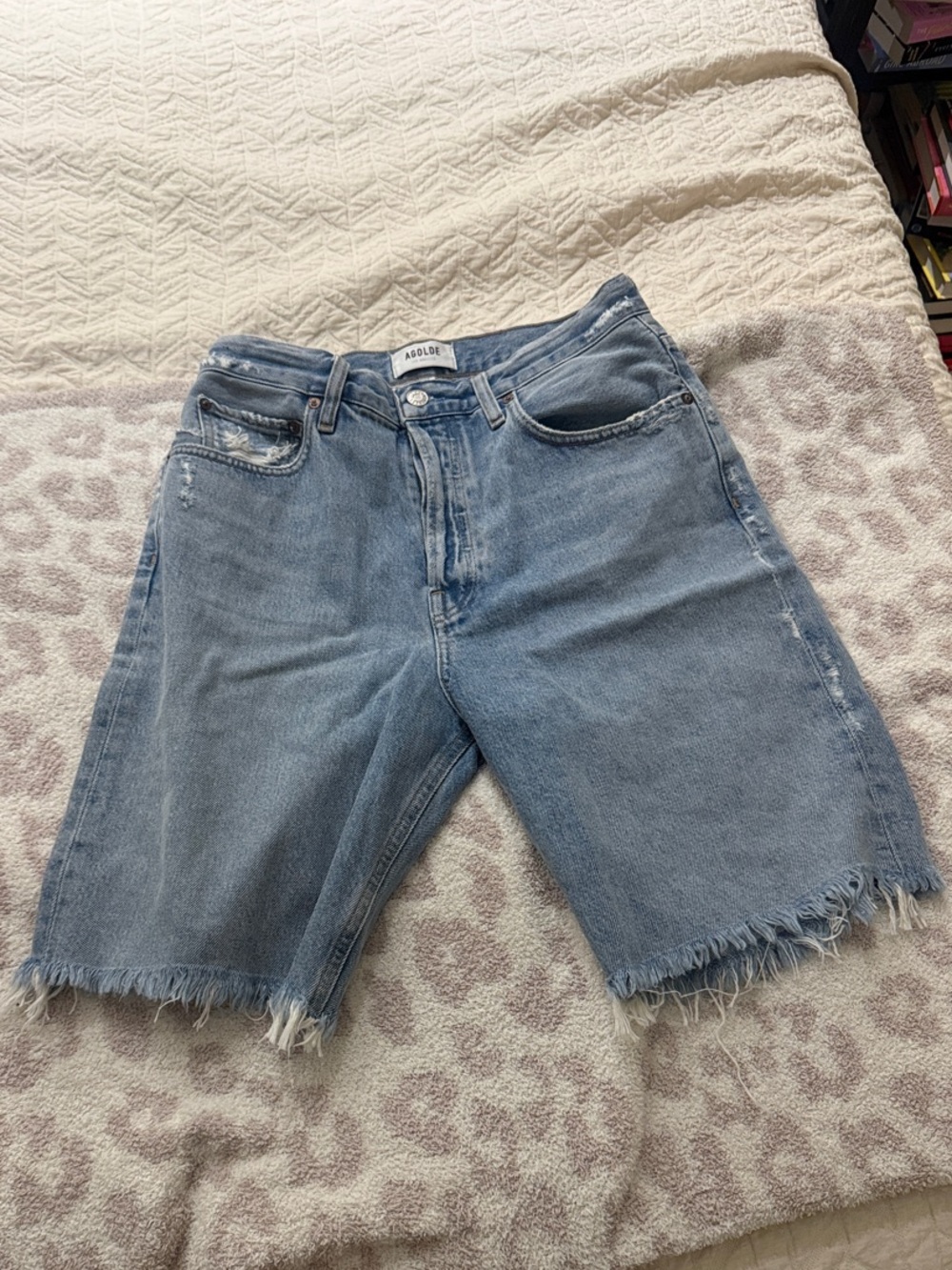 Agolde Light Blue High-Rise Frayed Hem Denim Bermudas